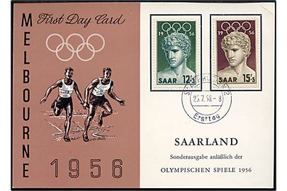 Komplet sæt Melbourne Olympiade 1956 på særligt FDC kort stemplet Saarbrücken d. 25.7.1956.