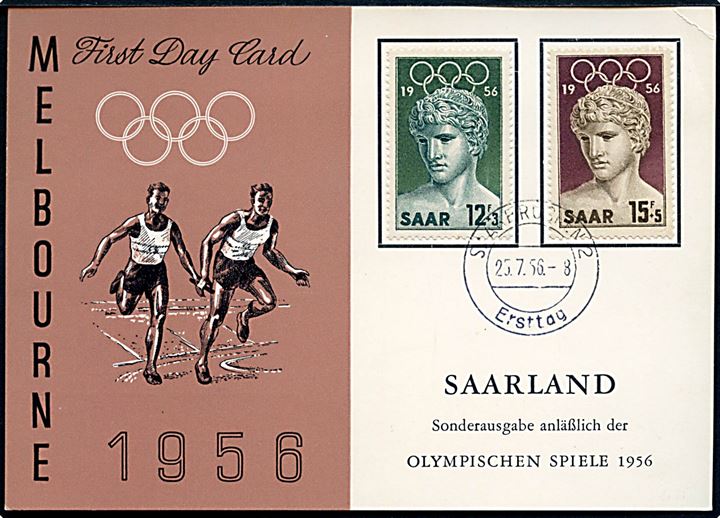 Komplet sæt Melbourne Olympiade 1956 på særligt FDC kort stemplet Saarbrücken d. 25.7.1956.
