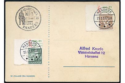 10 øre Tavsen og 5 øre Nikolai Kirke med udstillingstiltryk fra MO-FI Randers Paasken 1937 på brevkort (Landkort over Randers og omegn) stemplet Randers d. 29.3.1937 til Horsens.