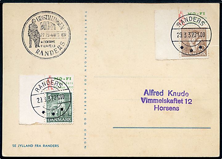 10 øre Tavsen og 5 øre Nikolai Kirke med udstillingstiltryk fra MO-FI Randers Paasken 1937 på brevkort (Landkort over Randers og omegn) stemplet Randers d. 29.3.1937 til Horsens.