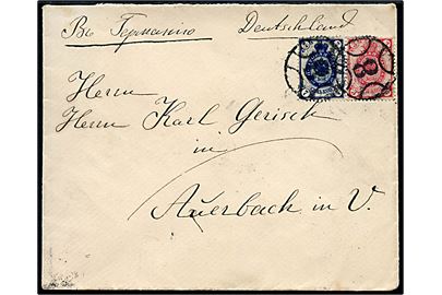 3 kop.- og 7 kop. Våben på brev annulleret med nr.stempel 8 og på bagsiden sidestemplet St. Petersburg d. 16.12.1896 til Auerbach, Tyskland.