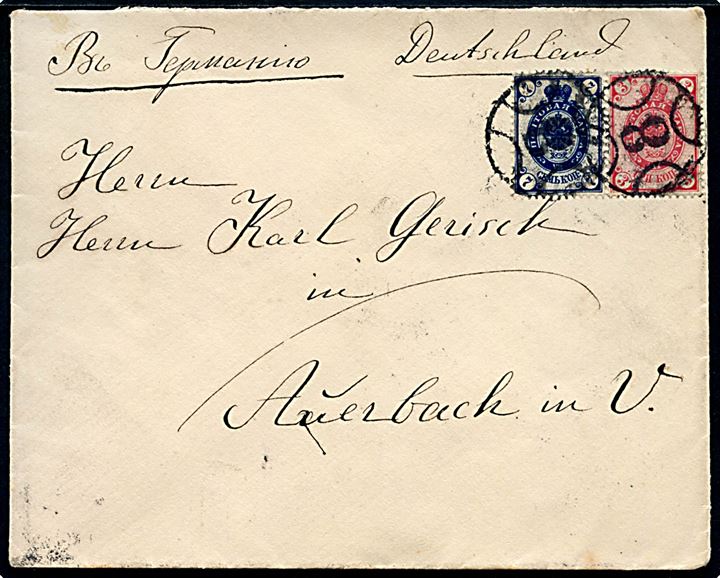 3 kop.- og 7 kop. Våben på brev annulleret med nr.stempel 8 og på bagsiden sidestemplet St. Petersburg d. 16.12.1896 til Auerbach, Tyskland.