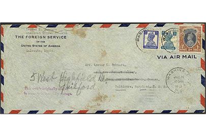 Indisk 1 R. 6½ As. frankeret diplomatisk kurérbrev fra amerikanske konsul i Calcutta stemplet Washington DC d. 30.6.1942 til Baltimore, USA. Sidestempel: This article originally mailed in country indicated by postage.