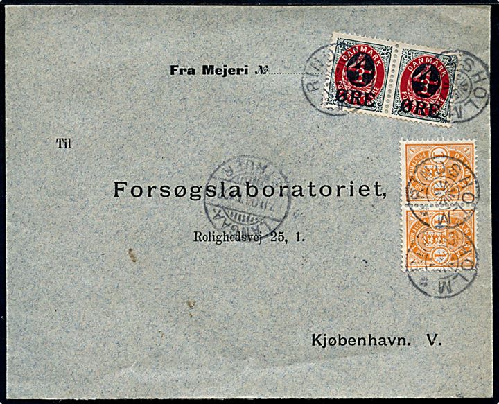 1 øre Våben og 4/8 øre Provisorium i parstykker på brev annulleret med stjernestempel RINDSHOLM og sidestemplet bureau Langaa - Struer T.102 d. 7.11.1904 til København.