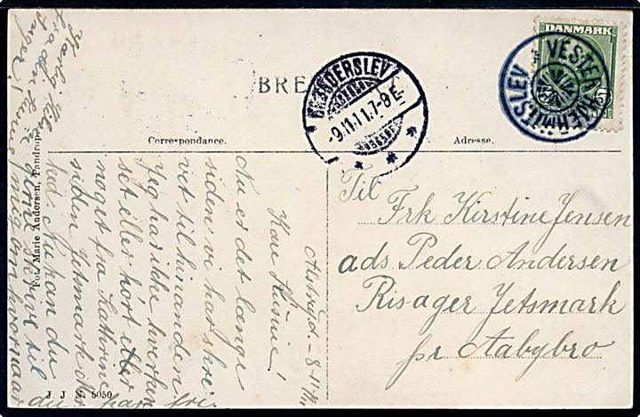 5 øre Fr. VIII på brevkort (Jetsmark kirke) annulleret med stjernestempel VESTER HJERMITSLEV og sidestempel Brønderslev d. 9.11.1911 til Risager, Jetsmark pr. Aabybro.