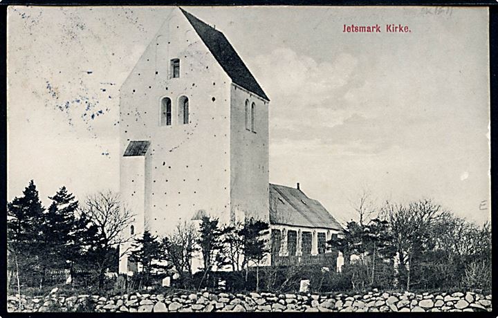 5 øre Fr. VIII på brevkort (Jetsmark kirke) annulleret med stjernestempel VESTER HJERMITSLEV og sidestempel Brønderslev d. 9.11.1911 til Risager, Jetsmark pr. Aabybro.
