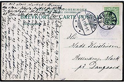 5 øre Chr. X på brevkort annulleret med stjernestempel SNEJBJERG og sidestemplet Herning d. 8.9.1915 til Daugaard.