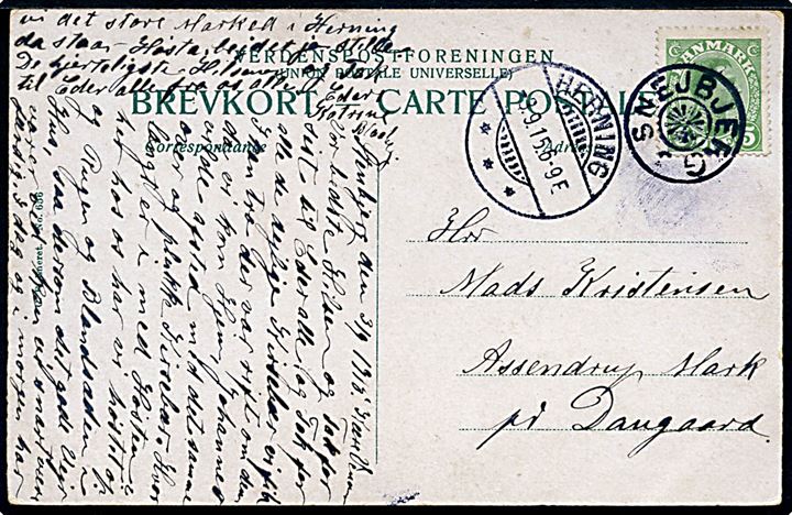 5 øre Chr. X på brevkort annulleret med stjernestempel SNEJBJERG og sidestemplet Herning d. 8.9.1915 til Daugaard.