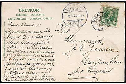 5 øre Chr. IX på brevkort annulleret med stjernestempel PRÆSTBRO ST. og sidestemplet bureau Aalborg - Sæby T.18 d. 8.5.1906 til Løgstør.