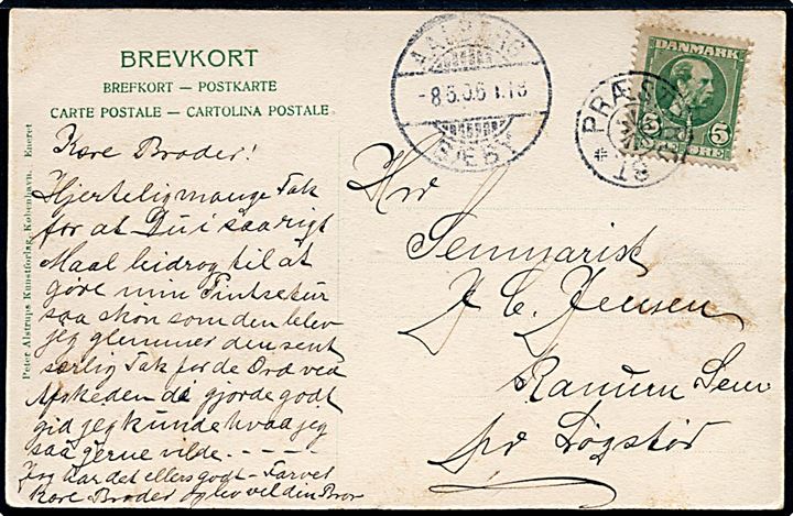 5 øre Chr. IX på brevkort annulleret med stjernestempel PRÆSTBRO ST. og sidestemplet bureau Aalborg - Sæby T.18 d. 8.5.1906 til Løgstør.