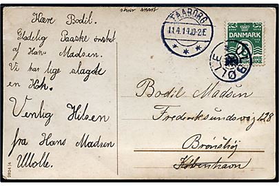 5 øre Bølgelinie på brevkort annulleret med stjernestempel ULBØLLE og sidestemplet Faaborg d. 14.4.1914 til Brønshøj.