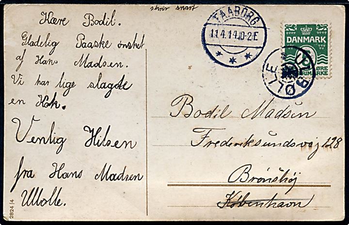 5 øre Bølgelinie på brevkort annulleret med stjernestempel ULBØLLE og sidestemplet Faaborg d. 14.4.1914 til Brønshøj.