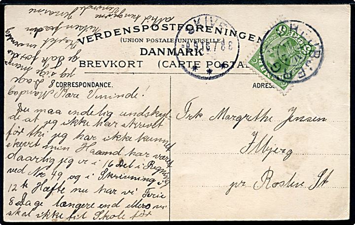 5 øre Chr. X på brevkort (Odense å med dampbåd) annulleret med stjernestempel KREJBJERG og sidestemplet Skive d. 8.9.1916 til Roslev.