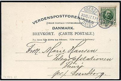 5 øre Fr. VIII på brevkort (Odense, Nørregade med P. Simonsen & Co. Skibshandel) annulleret med stjernestempel MESINGE og sidestemplet bureau Odense - Dalby T.7 d. 30.10.1907 til Thurø pr. Svendborg.