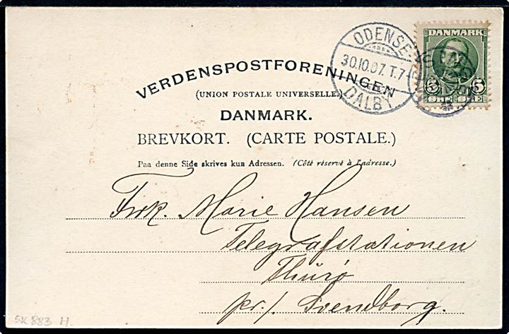 5 øre Fr. VIII på brevkort (Odense, Nørregade med P. Simonsen & Co. Skibshandel) annulleret med stjernestempel MESINGE og sidestemplet bureau Odense - Dalby T.7 d. 30.10.1907 til Thurø pr. Svendborg.