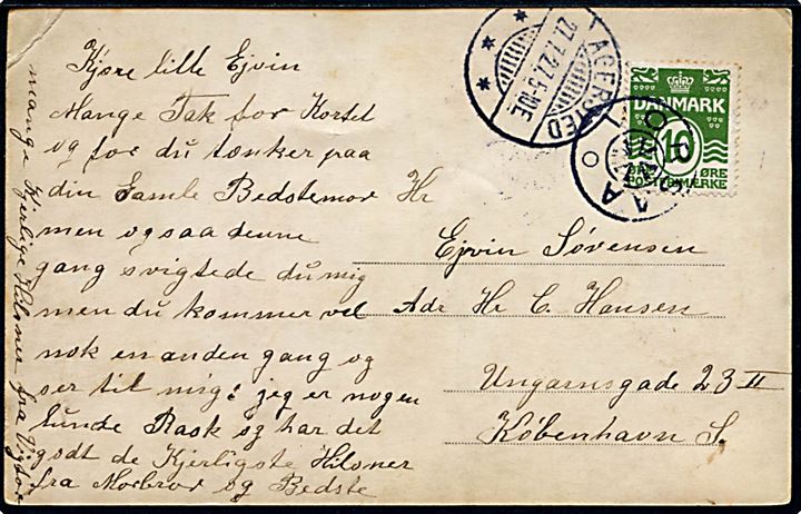 10 øre Bølgelinie på brevkort (åparti med robåde) annulleret med stjernestempel VORSAA og sidestemplet Agersted d. 27.7.1927 til København.