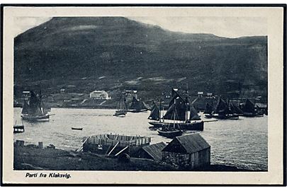 Klaksvig. Fjorden med skibe. U/no. Anvendt med 10 aur Landskabsserie og 5 aur Chr. X, sendt fra Siglufjord, annulleret Akureyri18.07.1928 til København. 