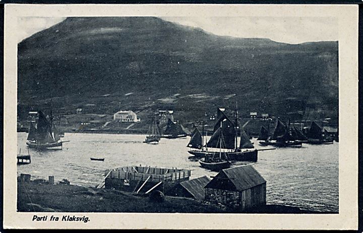 Klaksvig. Fjorden med skibe. U/no. Anvendt med 10 aur Landskabsserie og 5 aur Chr. X, sendt fra Siglufjord, annulleret Akureyri 18.07.1928 til København. 