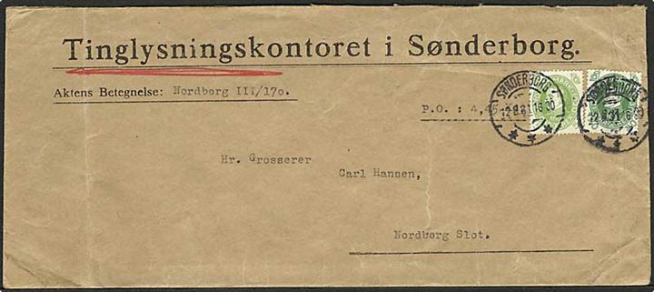 5 øre og 40 øre Chr. X 60 år på aflangt brev med opkrævning fra Sønderborg d. 12.8.1931 til Nordborg.