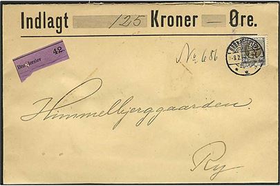 25 øre Fr. VIII single på værdibrev fra Brønderslev d. 8.2.1910 til Ry.