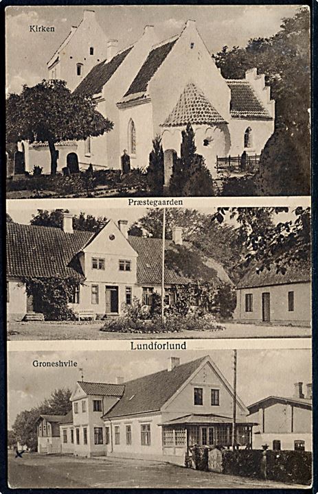 Lundforlund med Kirken, Præstegaarden og Groneshvile. H. Schmidt no. P 29. 