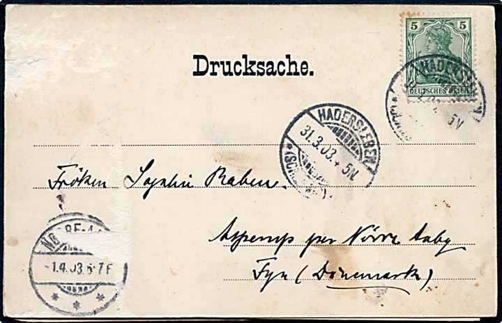 Haderslev, Gruss aus, panorama. 3-fløjet kort sendt som tryksag 1903 til Danmark. W. Kiær u/no. Slidt med flere mindre skader.