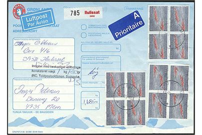 2,50 kr. Godthåb jubilæum, 5,50 kr. Havørn og 10 kr. Rejer (16) på for- og bagside af adressekort for luftpostpakke fra Ilulissat d. 29.5.1993 til Mern, Danmark. Stemplet: Indgået med beskadiget emballage.