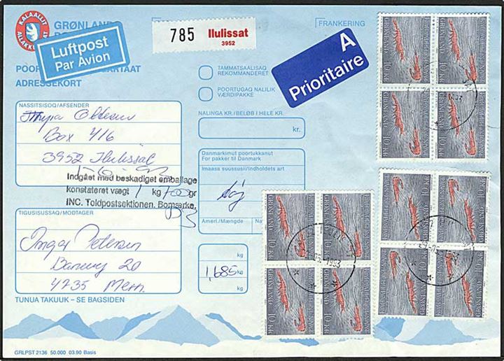 2,50 kr. Godthåb jubilæum, 5,50 kr. Havørn og 10 kr. Rejer (16) på for- og bagside af adressekort for luftpostpakke fra Ilulissat d. 29.5.1993 til Mern, Danmark. Stemplet: Indgået med beskadiget emballage.