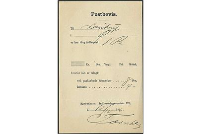 Postbevis fra Kjøbenhavn, Indleveringscontoir III d. 12.2.1896 for afsendelse af pakke.