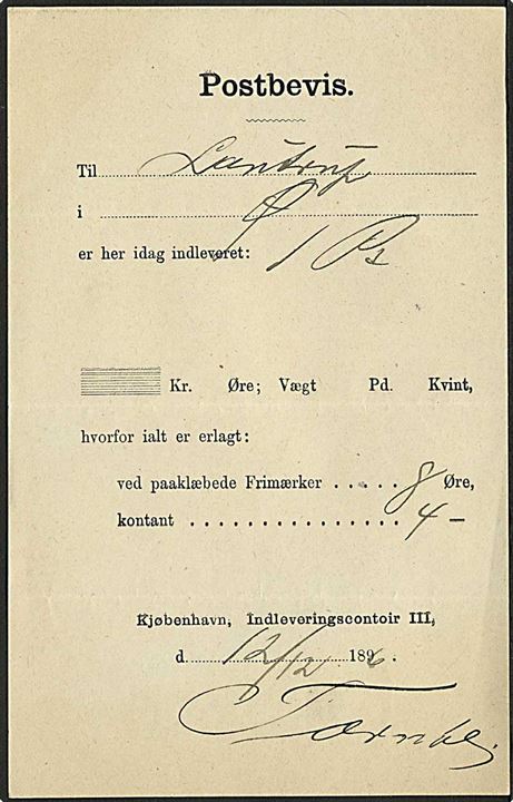 Postbevis fra Kjøbenhavn, Indleveringscontoir III d. 12.2.1896 for afsendelse af pakke.