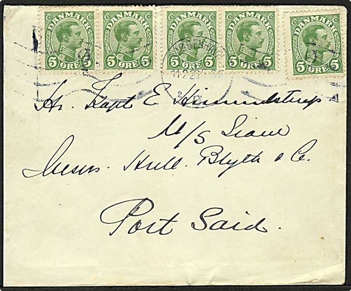 5 øre Chr. X (5) på brev fra København d. 11.2.1920 til Kapt. ombord på ØK-skibet M/S Siam i Port Said, Egypten.