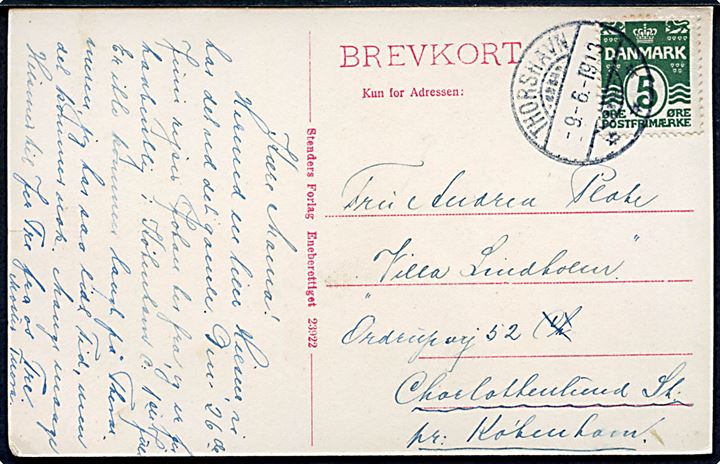 5 øre Bølgelinie på brevkort (Myggenæs) annulleret med brotype Ig Thorshavn d. 9.6.1913 til Charlottenlund.