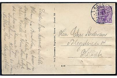 15 øre Chr. X med variant Hjerte over N pos. 34 på brevkort annulleret med svagt bureaustempel Rønne - Allinge d. 7.8.1923 T.29(?) til Holbæk.