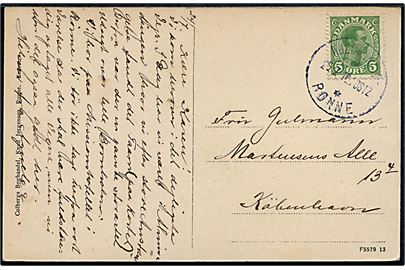 5 øre Chr. X på brevkort (Kongemindet i Almindingen) annulleret med sejlende bureaustempel Kjøbenhavn _ ** Rønne d. 25.7.1916 POST2 til København.