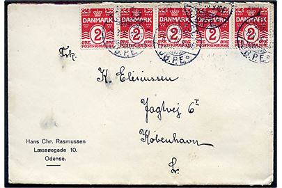 2 øre Bølgelinie i vandret 5-stribe på brev stemplet Odense JB.P.E. d. 6.3.1916 til København.