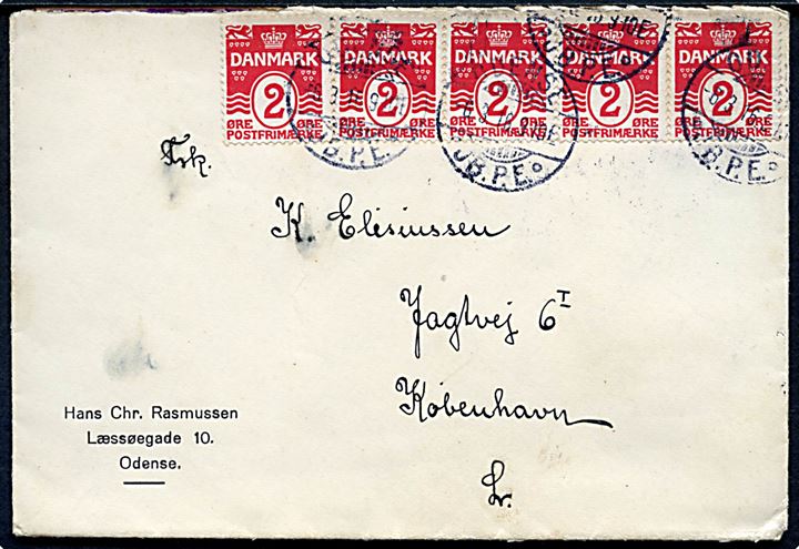 2 øre Bølgelinie i vandret 5-stribe på brev stemplet Odense JB.P.E. d. 6.3.1916 til København.