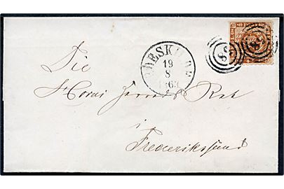 4 sk. stukken kant på brev annulleret med nr.stempel 58 og sidestemplet antiqua Roeskilde d. 19.8.1863 til Frederikssund. På bagsiden ank.stemplet d. 19.8.1863.