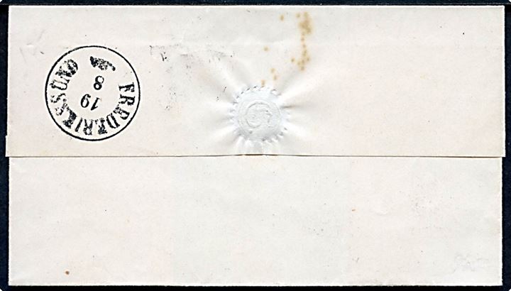 4 sk. stukken kant på brev annulleret med nr.stempel 58 og sidestemplet antiqua Roeskilde d. 19.8.1863 til Frederikssund. På bagsiden ank.stemplet d. 19.8.1863.