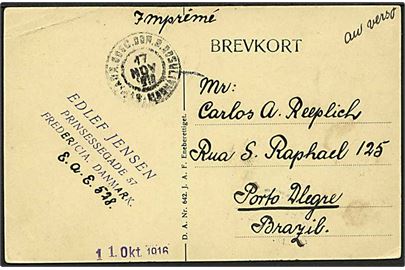 5 øre Chr. X single på billedside af brevkort sendt som tryksag fra Fredericia d. 11.10.1916 til Portoi Alegre, Brasilien.