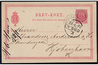 8 øre helsagsbrevkort fra Nakskov annulleret med kombineret nr.stempel 136/Lollandske JB.PK. d. 27.1.1882 til Kjøbenhavn.