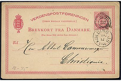 10 øre Våben små hj.tal helsagsbrevkort annulleret med kombineret nr.stempel 232/Kolding JB. d. 18.12.1882 til Christiania, Norge.