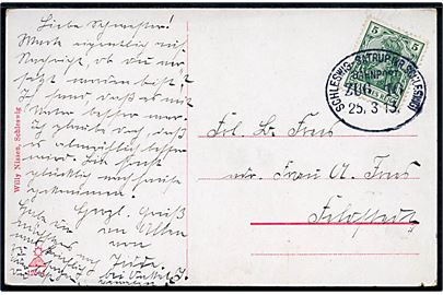 5 pfg. Germania på brevkort (Schleswig, Irrenanstalt Frauenhaus) annulleret med bureaustempel Schleswig - Satrup (Kr. Schleswig) Bahnpost Zug 16 d. 25.3.1913.