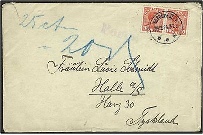10 øre Chr. X i parstyke på underfrankeret brev fra Nørre Alslev d. 28.12.1914 til Halle, Tyskland. Stemplet Porto og påskrevet 25 cts.