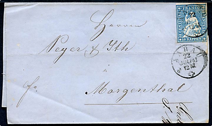 10 Rp. Helvetia på brev fra Aarau d. 22.6.1861 til Morgenthal. 
