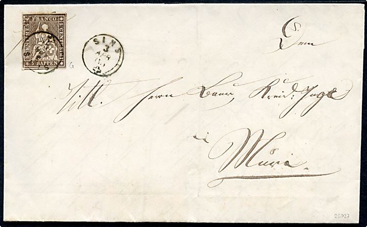 5 Rp. Helvetia på brev med fuldt indhold fra Sins d. 3.4.1863 til Muri.