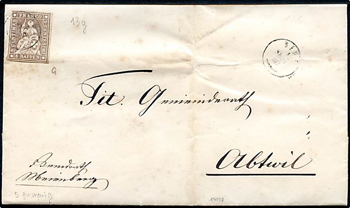 5 Rp. Helvetia på brev med fuldt indhold fra Sins d.1.9.1860 til Abtwil.