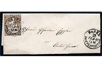 5 Rp. Helvetia på brev med fuldt indhold fra Basel d. 21.2.1860 til Reinach.