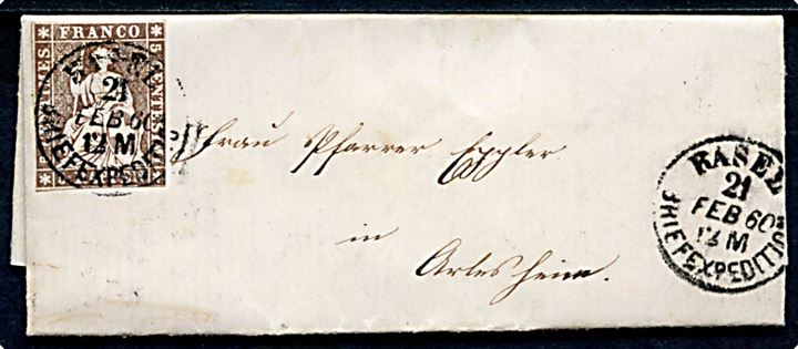 5 Rp. Helvetia på brev med fuldt indhold fra Basel d. 21.2.1860 til Reinach.