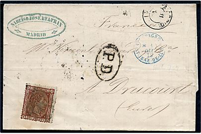 40 cts. Alfons XII med kontrol nr. 69 på brev fra Madrid d. 11.12.1875 til Frankrig. Ovalt PD stempel og flere transit stempler.