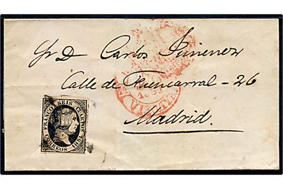 6 cts. Isabella II på brev annulleret med stumt stempel og sidestemplet Bilbao Vizcaya 1851 til Madrid. 
